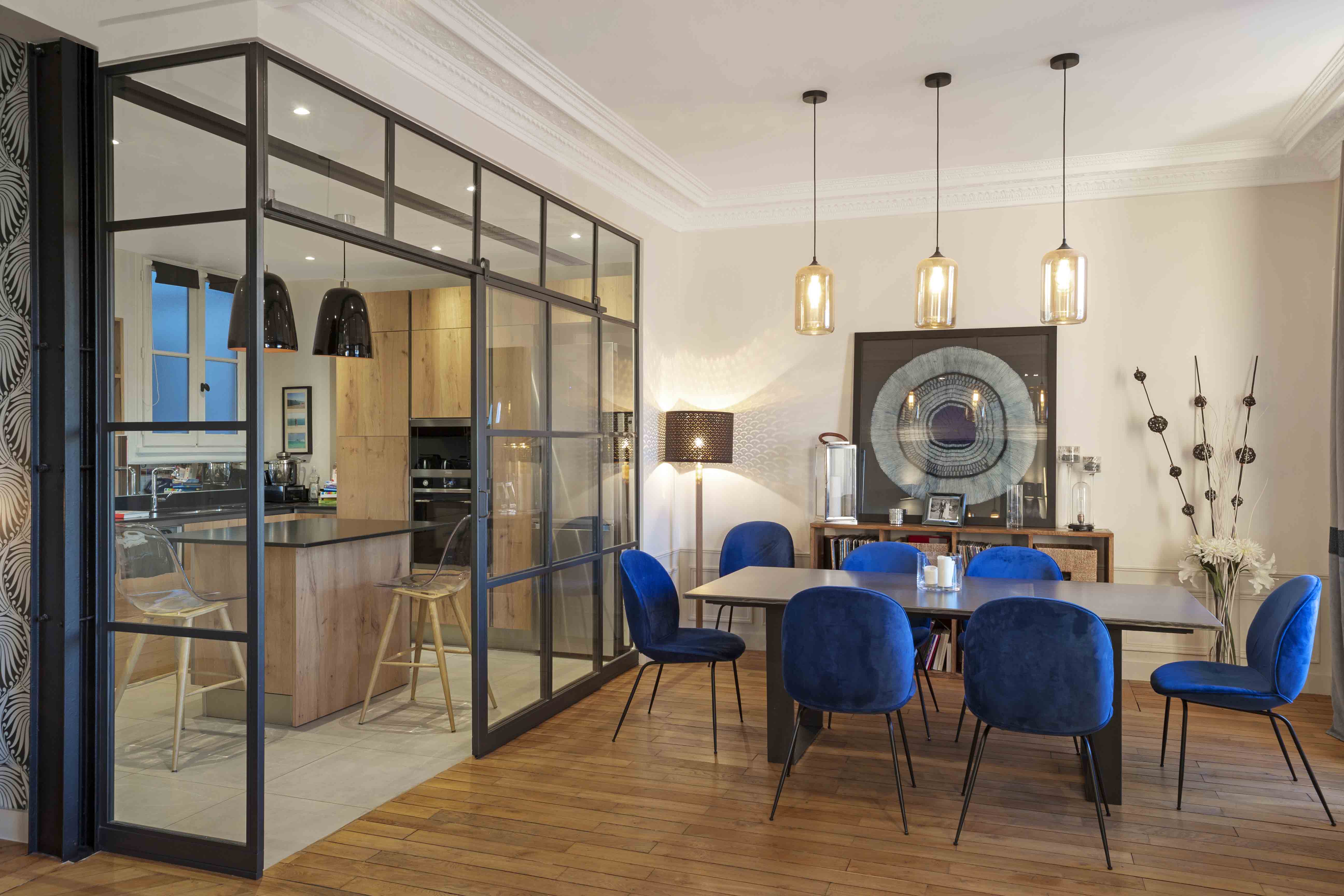 Verrière de cuisine modèle New-York avec porte coulissante